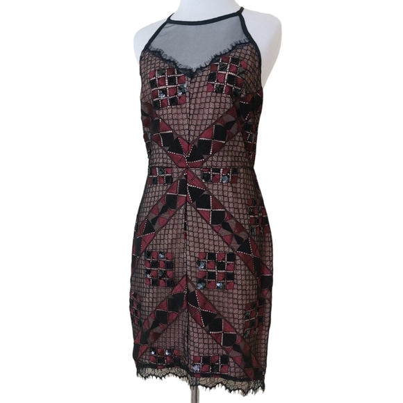 Greylin Burgundy Black Lace Sequin Beaded Detail Bodycon Halter New Years Dress - Picture 1 of 12